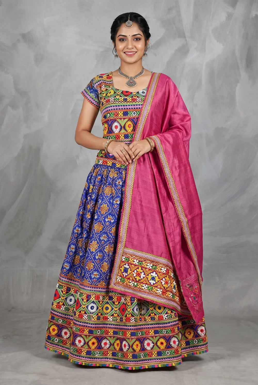 Designer Navratri Chaniya Choli with Camel Block Print, Royal Blue & Orange Lehenga Set for Festive Party Wear - Royal Blue & Orange