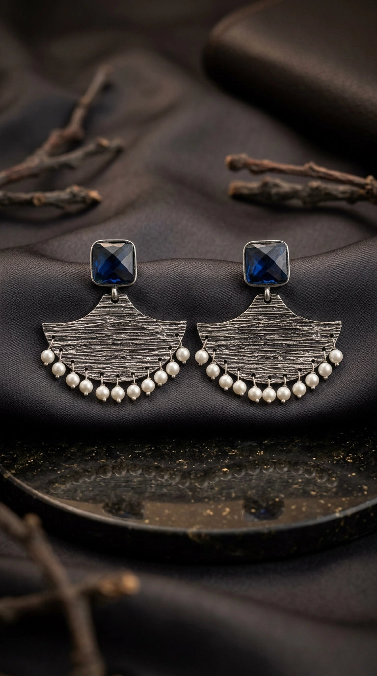 Blue Stone Textured Dangle Earrings with Pearl Drops for Festive Party Wear - Blue