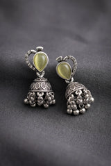 Lemon Yellow Oval Stone Oxidized Silver-Tone Jhumka Earrings with Floral Cutwork and Ghungroo Danglers - Lemon Yellow