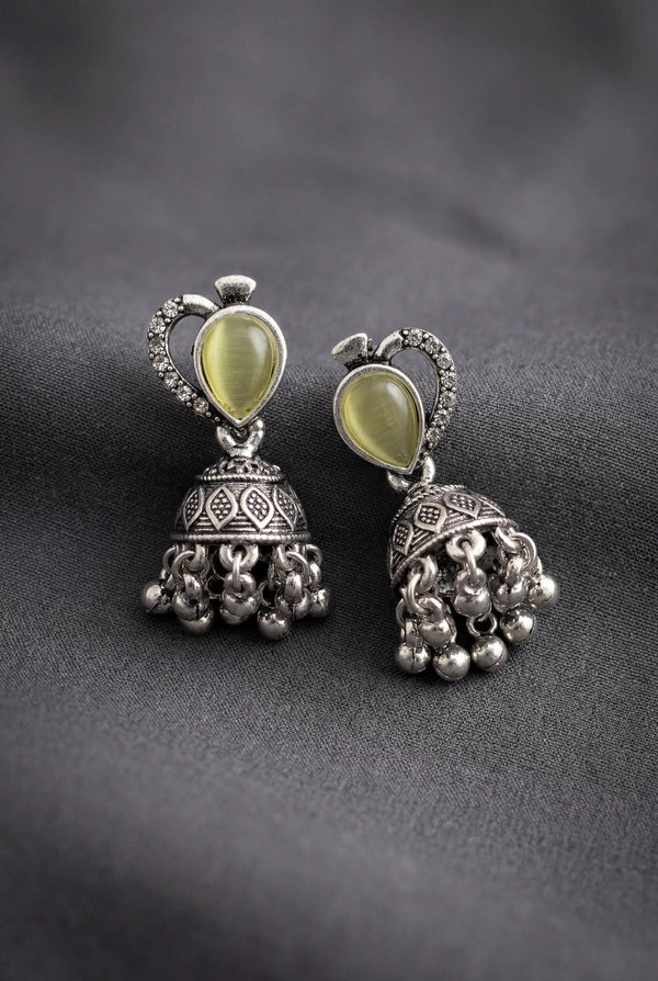 Lemon Yellow Oval Stone Oxidized Silver-Tone Jhumka Earrings with Floral Cutwork and Ghungroo Danglers - Lemon Yellow