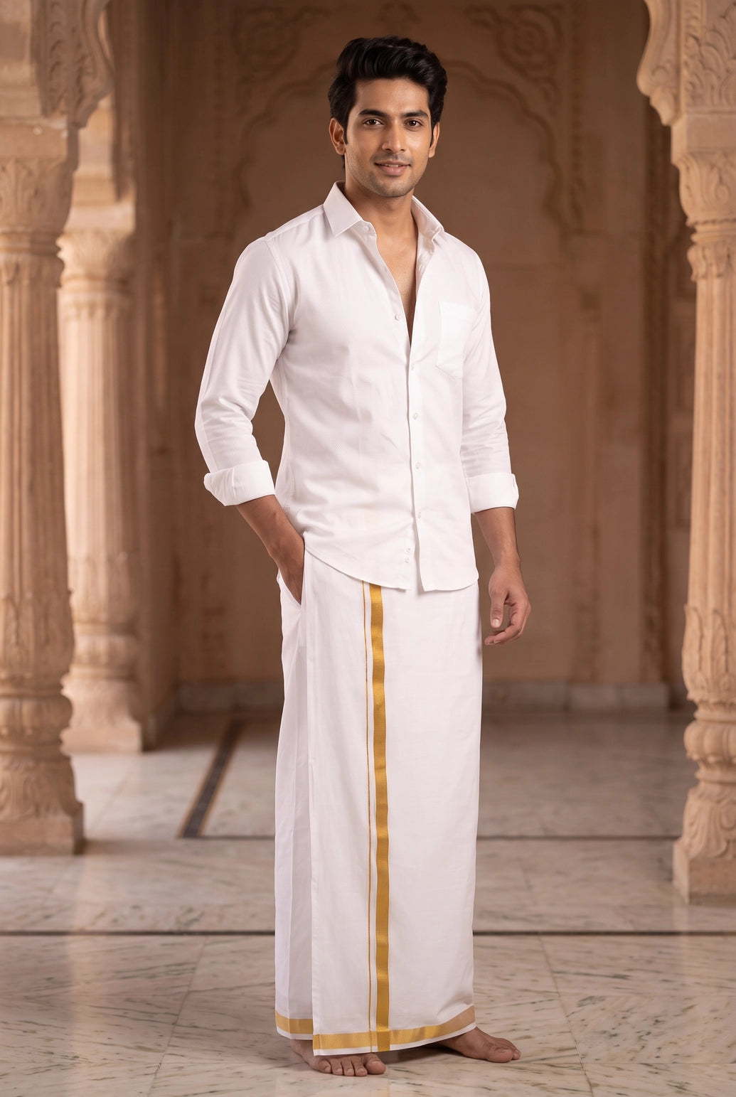 Men’s Ready-to-Wear Double Dhoti (4 Metre) with Velcro Waist, Plain White/Cream