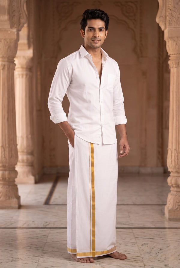 Men’s Ready-to-Wear Double Dhoti (4 Metre) with Velcro Waist, Plain White/Cream