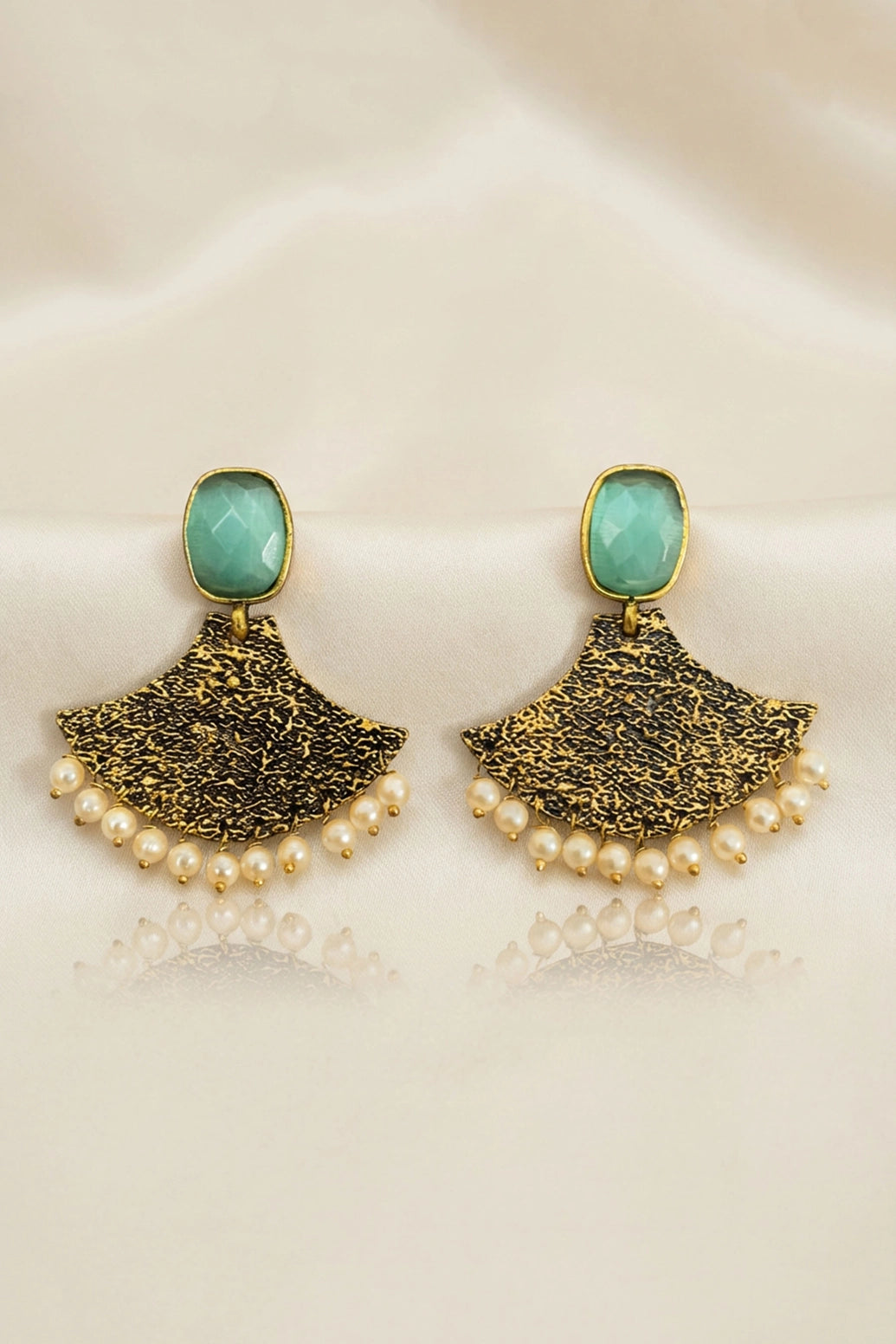 Mint Green Stone Gold-Tone Textured Dangler Earrings with Pearl Drops for Festive Party Wear - Mint Green