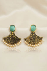 Mint Green Stone Gold-Tone Textured Dangler Earrings with Pearl Drops for Festive Party Wear - Mint Green