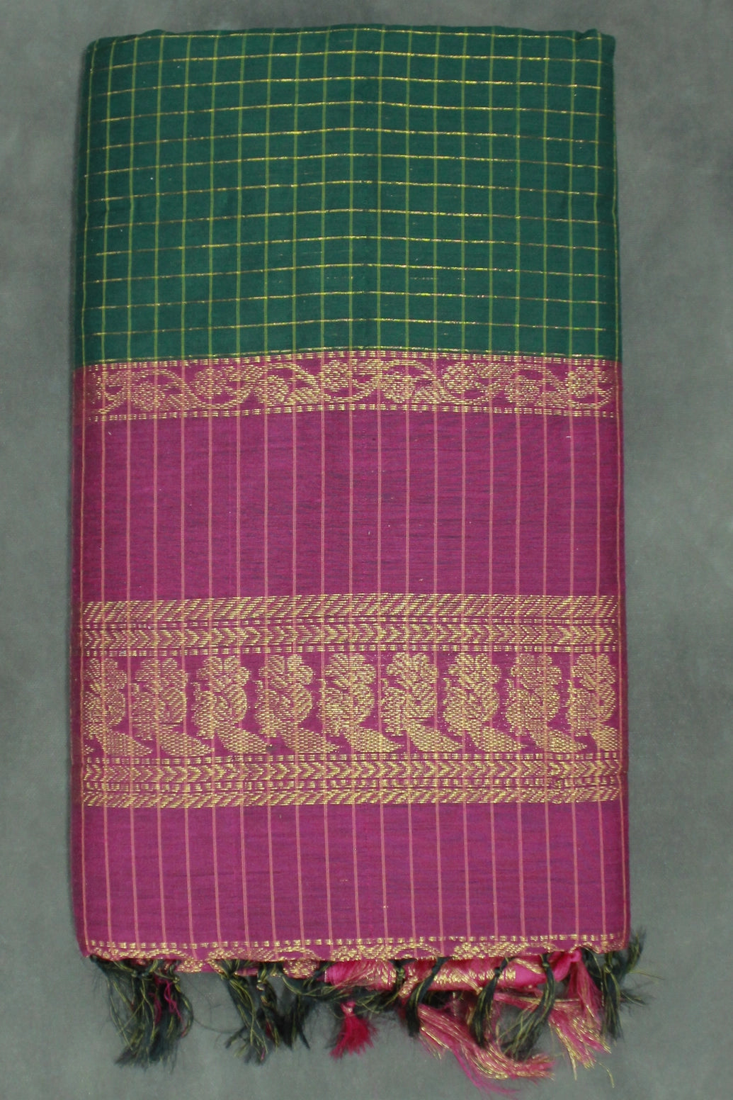 Dark Green Kalyani Cotton Saree with Zari Checked and Peacock Border and Blouse - Dark Green