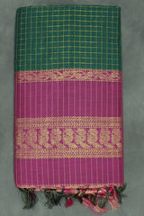Dark Green Kalyani Cotton Saree with Zari Checked and Peacock Border and Blouse - Dark Green
