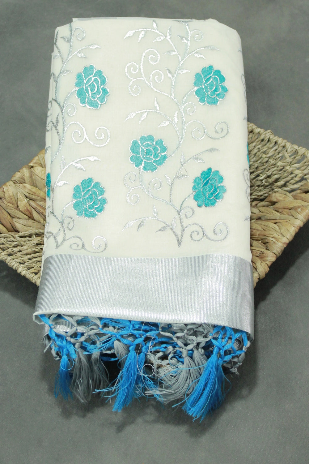 Half White Kerala Cotton Saree with Silver Zari Floral Embroidery and Thread Work - Half White