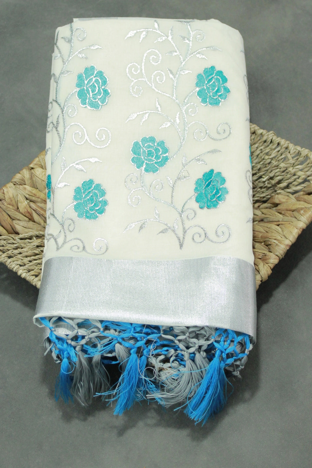 Half White Kerala Cotton Saree with Silver Zari Floral Embroidery and Thread Work - Half White