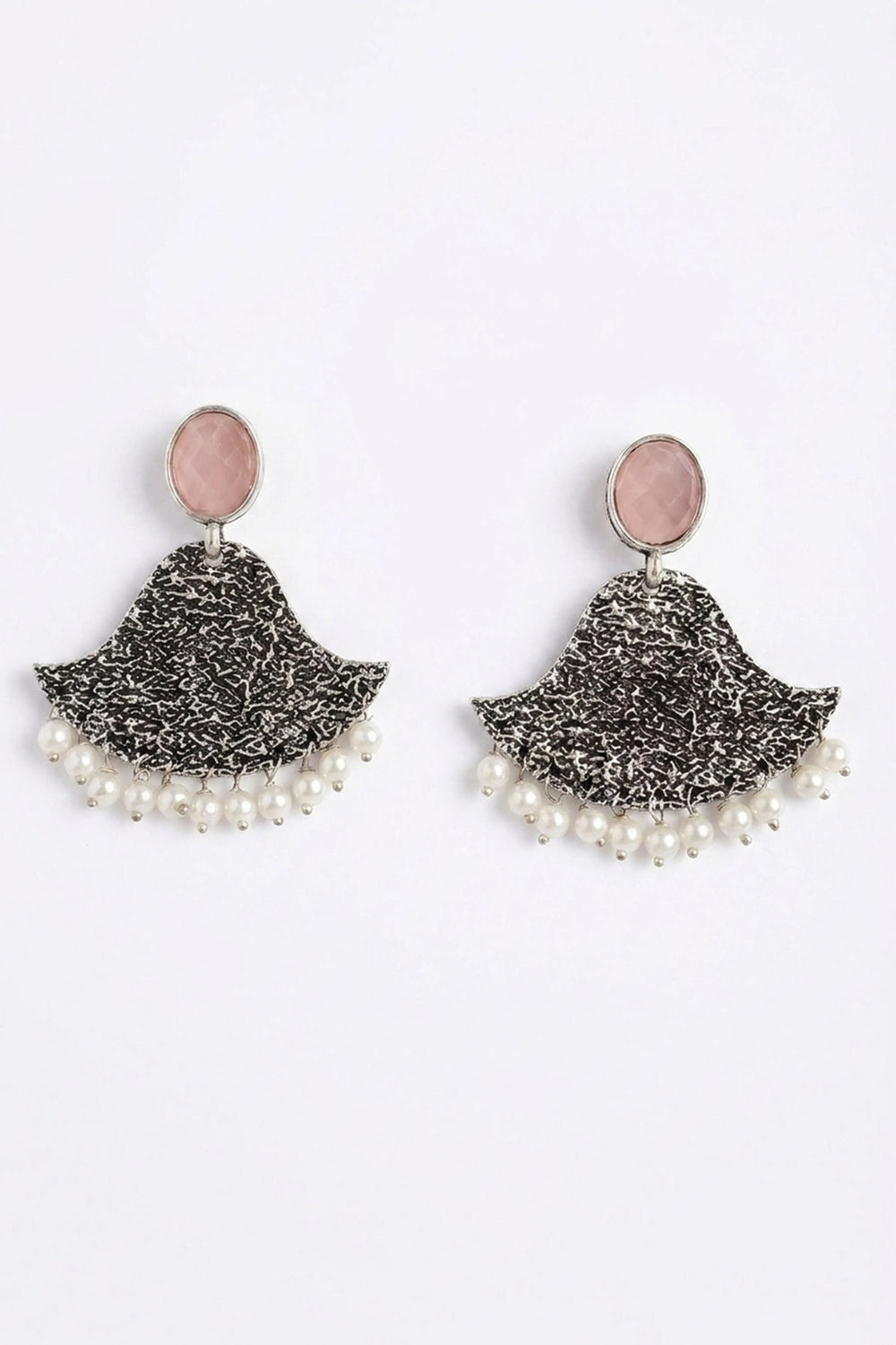 Pink Stone Silver-Tone Textured Triangle Dangle Earrings with Pearl Drops, Party/Festive Wear for Women - Pink