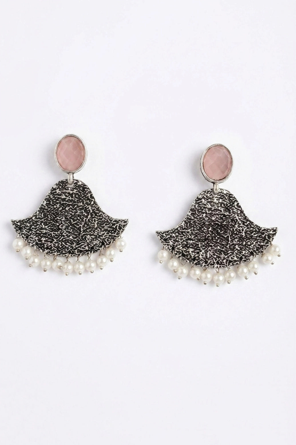 Pink Stone Silver-Tone Textured Triangle Dangle Earrings with Pearl Drops, Party/Festive Wear for Women - Pink