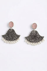 Pink Stone Silver-Tone Textured Triangle Dangle Earrings with Pearl Drops, Party/Festive Wear for Women - Pink