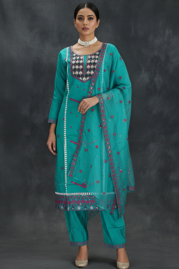 Jungle Green Salwar Kameez – Roman Silk Embroidered 3-Piece