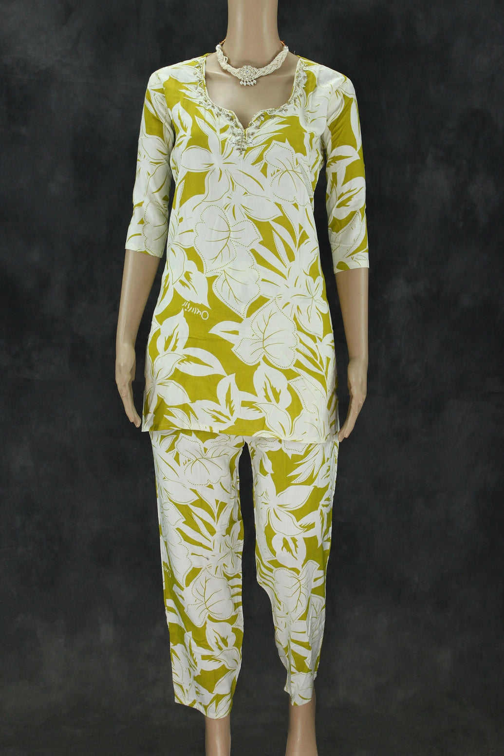 Cream & Mustard Rayon 2-Piece Co-Ord Set with Bead and Aari Neck Embellishment Kurti JCS Fashions Cream & Mustard Green Medium (38)