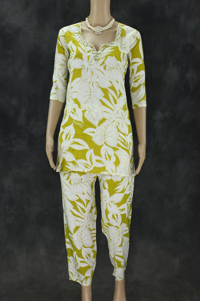 Cream & Mustard Rayon 2-Piece Co-Ord Set with Bead and Aari Neck Embellishment Kurti JCS Fashions Cream & Mustard Green Medium (38)