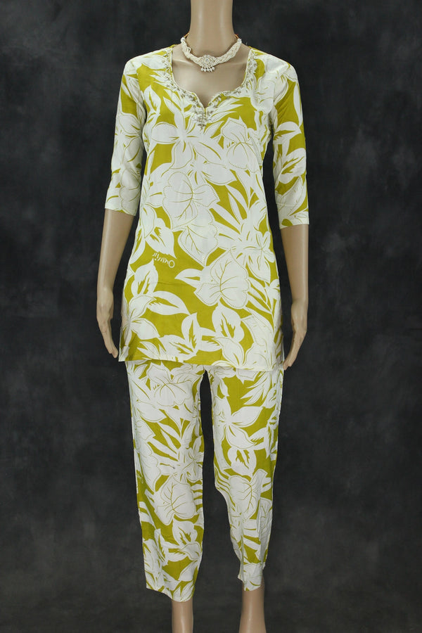 Cream & Mustard Rayon 2-Piece Co-Ord Set with Bead and Aari Neck Embellishment Kurti JCS Fashions Cream & Mustard Green Medium (38)