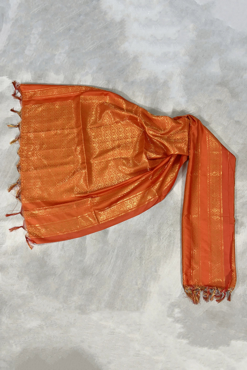 Orange Ponnadai Poly Silk Jacquard Temple Shawl with Zari Pattern and Tassels | 2 Meter Traditional South Indian Dupatta - Orange