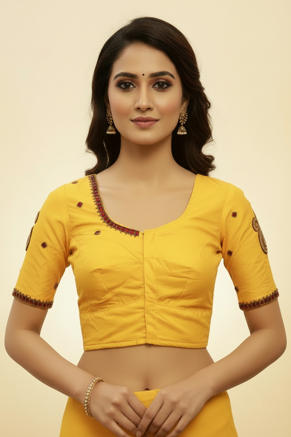 Yellow Aari Work Bridal Blouse - Indian Designer