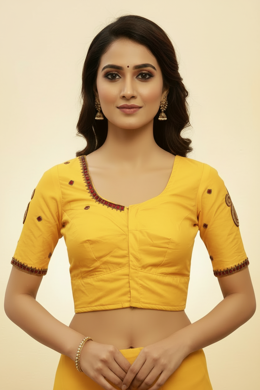 Yellow Aari Work Bridal Blouse - Indian Designer