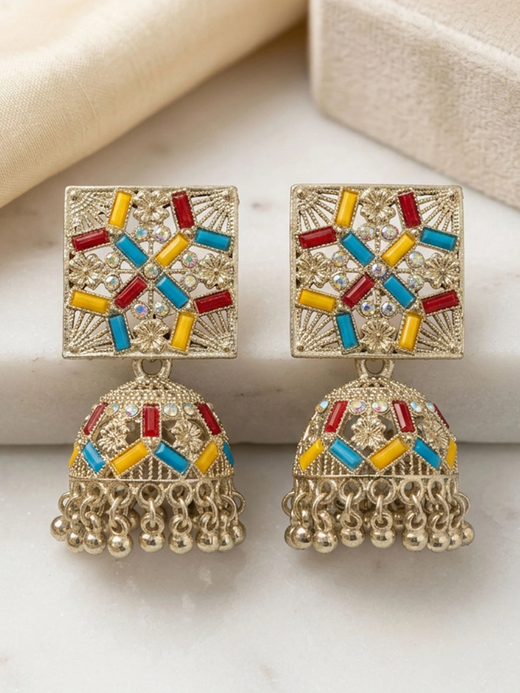 Silver Oxidized Multicolor Jhumka Earrings with Square Stud Top and Stone Work for Ethnic Wear - Multi color
