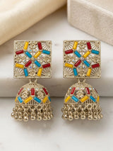 Silver Oxidized Multicolor Jhumka Earrings with Square Stud Top and Stone Work for Ethnic Wear - Multi color