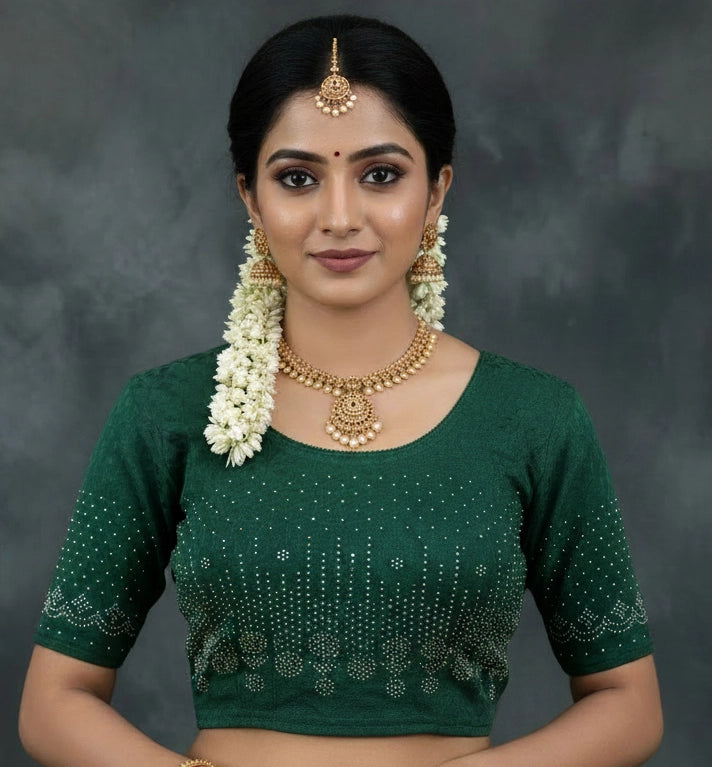 Green Ready to Wear Designer Stone-Embellished Stretch Blouse with Elbow Sleeves and Back Detail - Green
