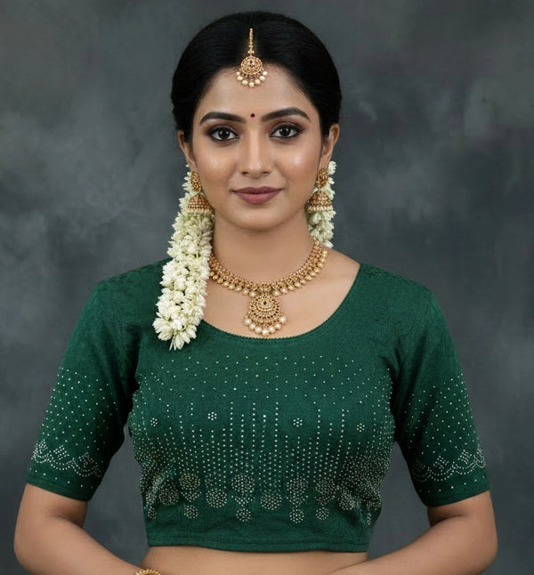 Green Ready to Wear Designer Stone-Embellished Stretch Blouse with Elbow Sleeves and Back Detail - Green