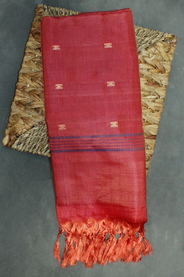 Vaazhai Naar (Banana Pith) Borderless Saree in Red with Contrasting Blue Pallu, Small Buttas & Fringed Tassels - Blue & Red