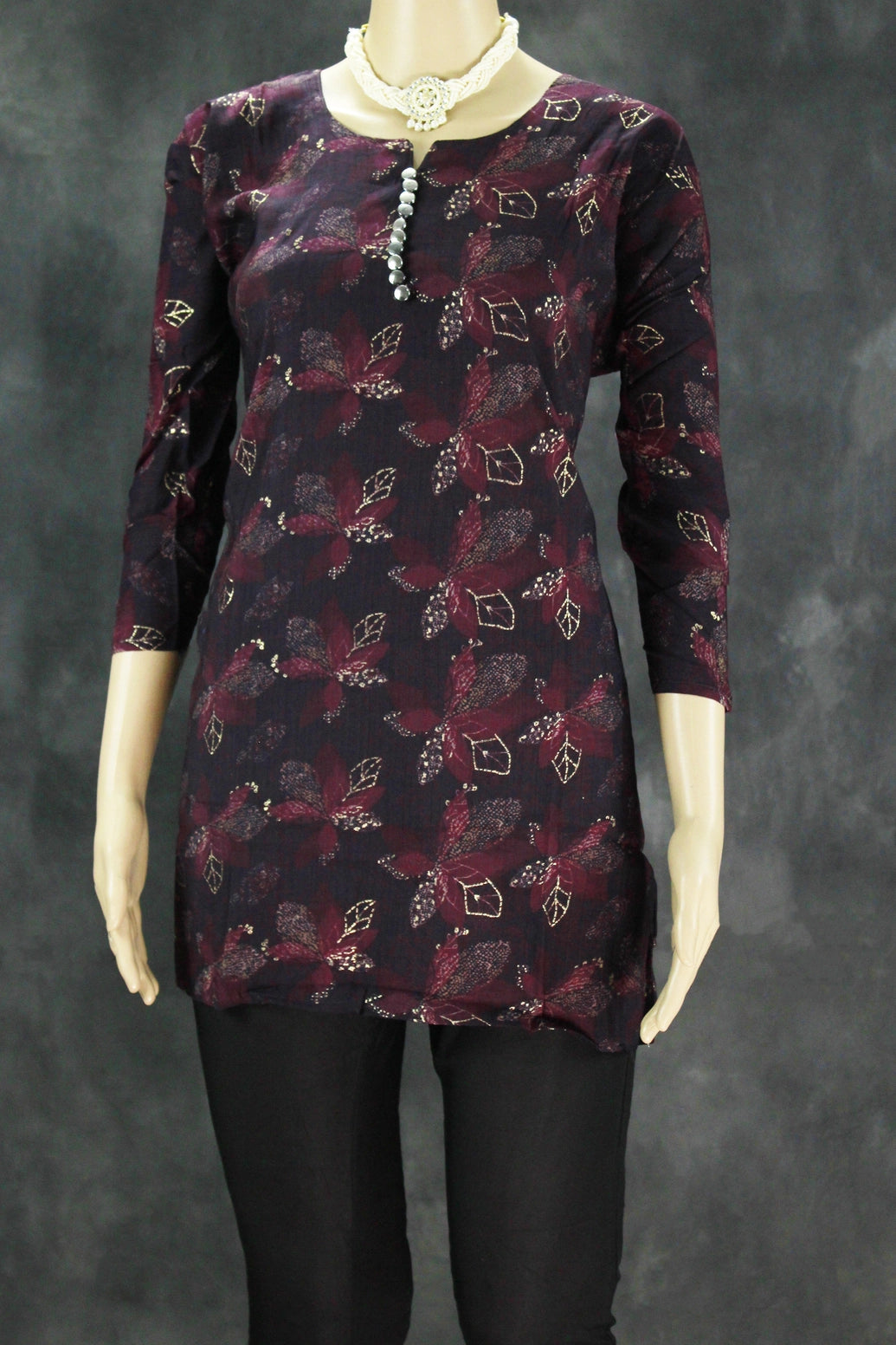 Purple Cotton Floral Kurti Set - 2 Piece Kurta with Elastic Pants - Purple