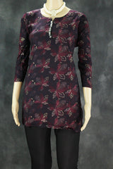 Purple Cotton Floral Kurti Set - 2 Piece Kurta with Elastic Pants - Purple