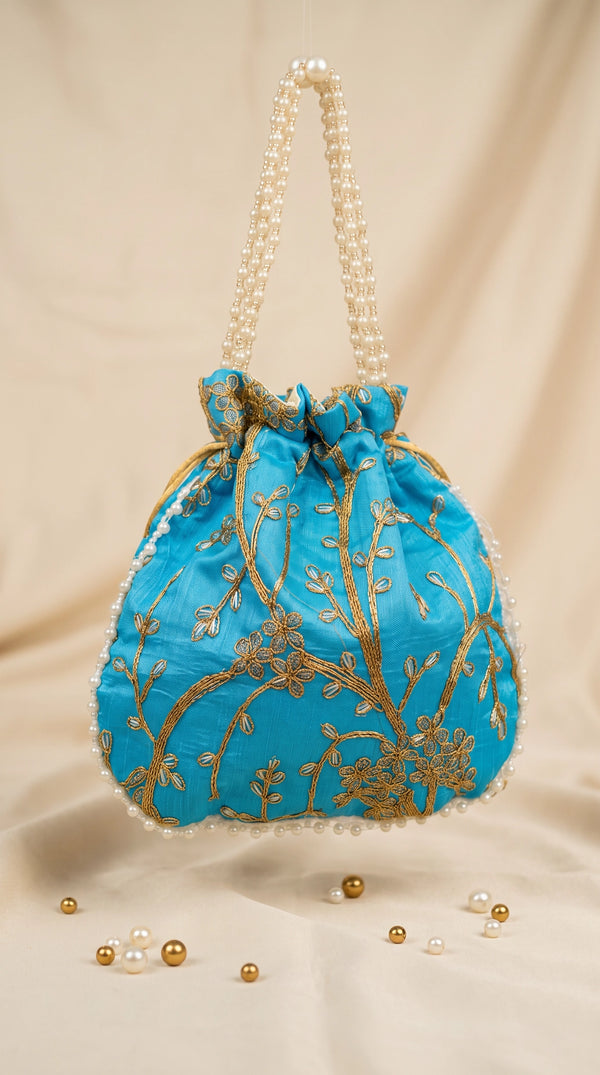 Sky Blue Embroidered Pearl-Trim Potli Bag with Drawstring, Gold Floral Work Wedding Festive Return Gift Pouch - Sky Blue