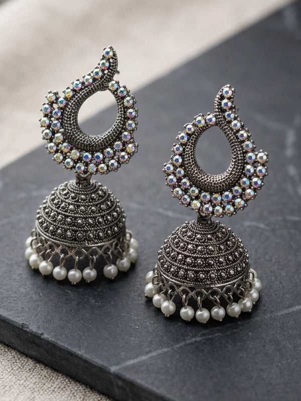 Oxidized Silver Jhumka Earrings with Teardrop Stud and White Stone Bead Dangler, Traditional Party Wear for Women - White