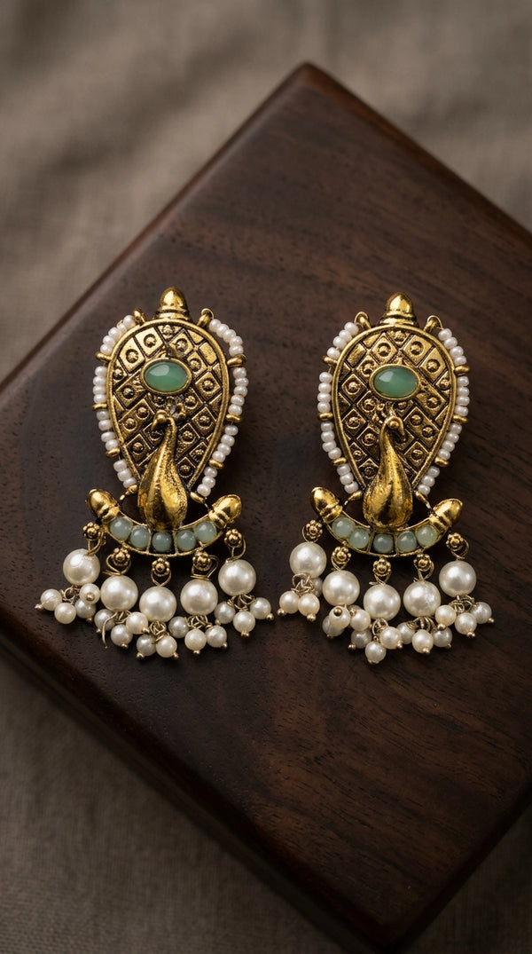 Mint Green & Antique Gold Traditional Pearl Drop Earrings for Women, Oval Stone with Beads - Mint Green