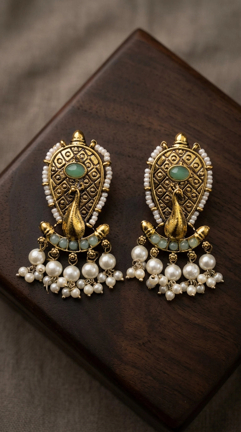 Mint Green & Antique Gold Traditional Pearl Drop Earrings for Women, Oval Stone with Beads - Mint Green