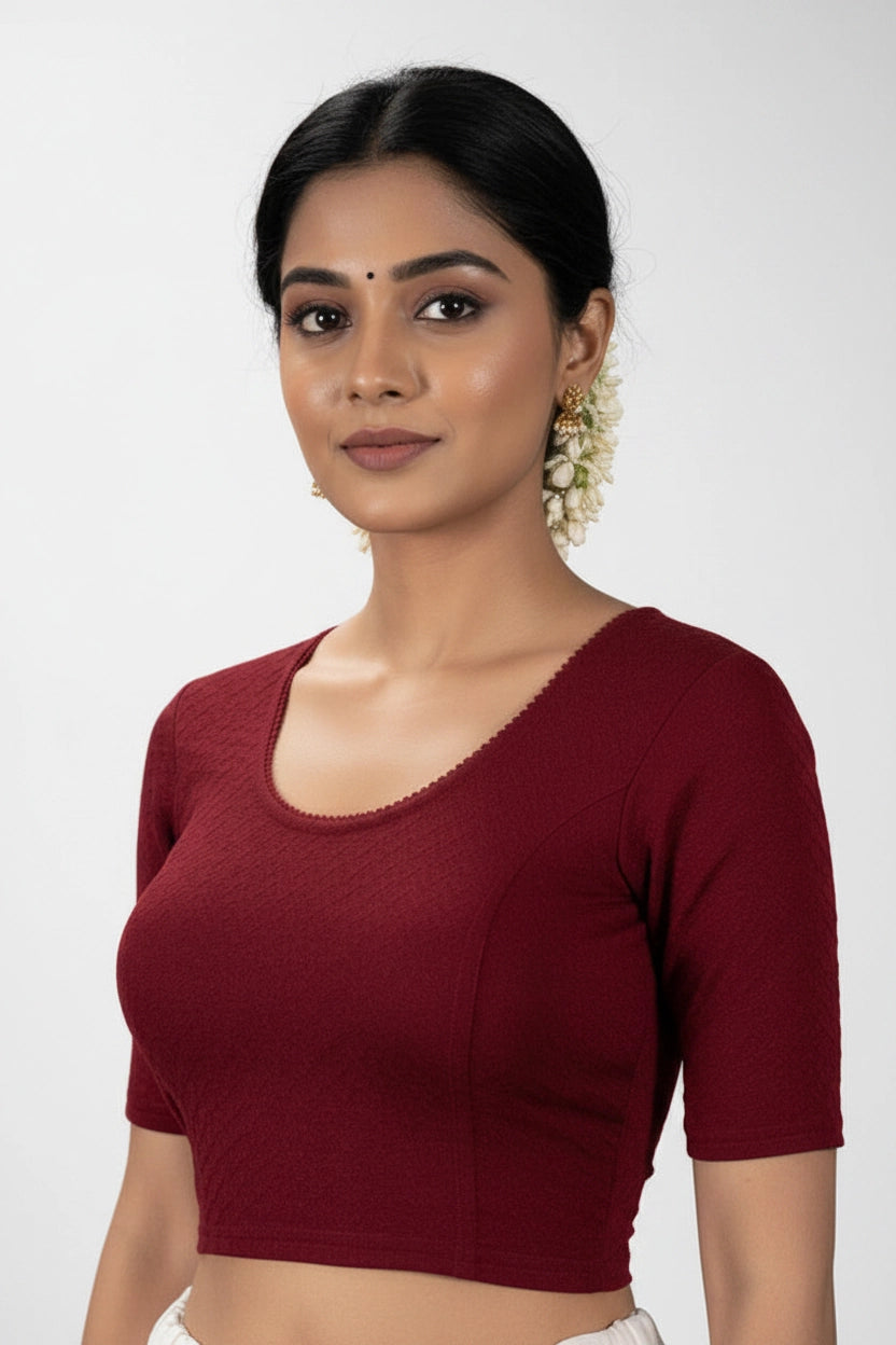 Maroon Readymade Designer Stretchable Blouse with Elbow Sleeves and Back Crisscross Straps - Maroon