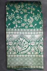 Green Banarasi Handloom Satin Saree with Floral Woven Embroidery Print, Includes Blouse - Green