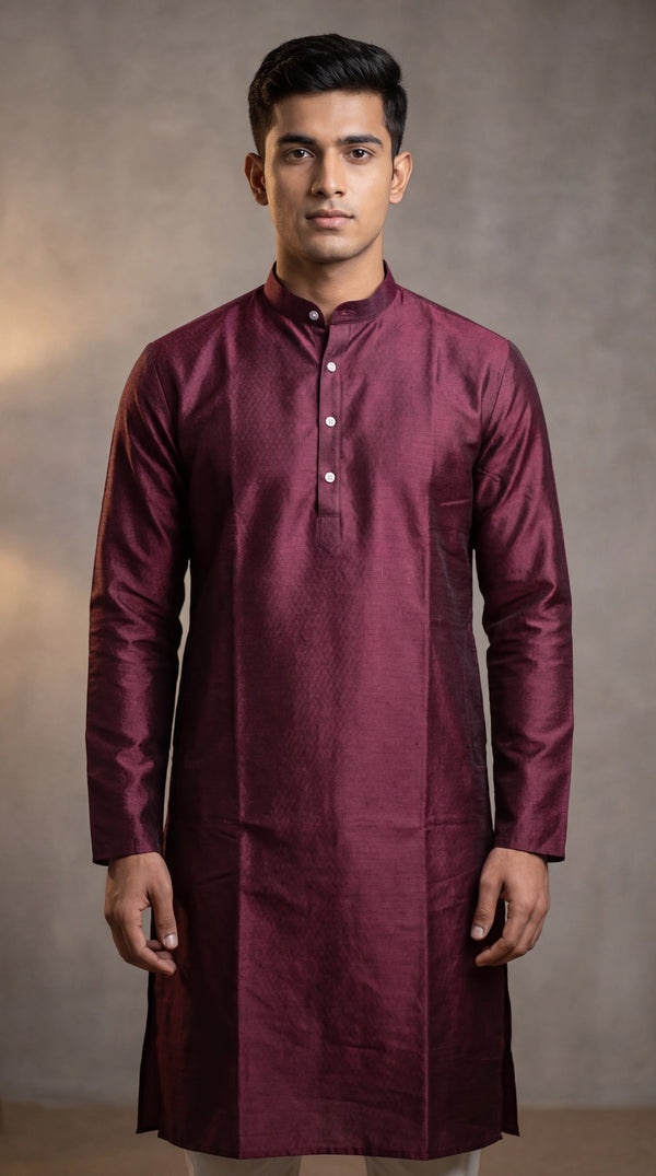Men's Wine Burgundy Self-Textured Kurta, Royal Look (Pareek) for Festive & Daily Wear - Wine