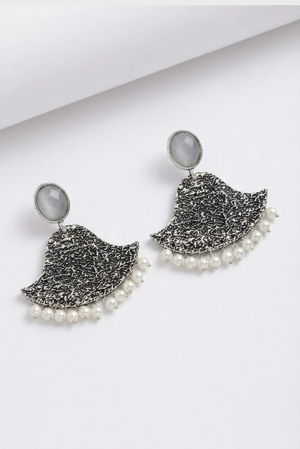 Grey Textured Triangular Stone Stud Earrings with Pearl Beaded Drop for Festive & Party Wear - Grey