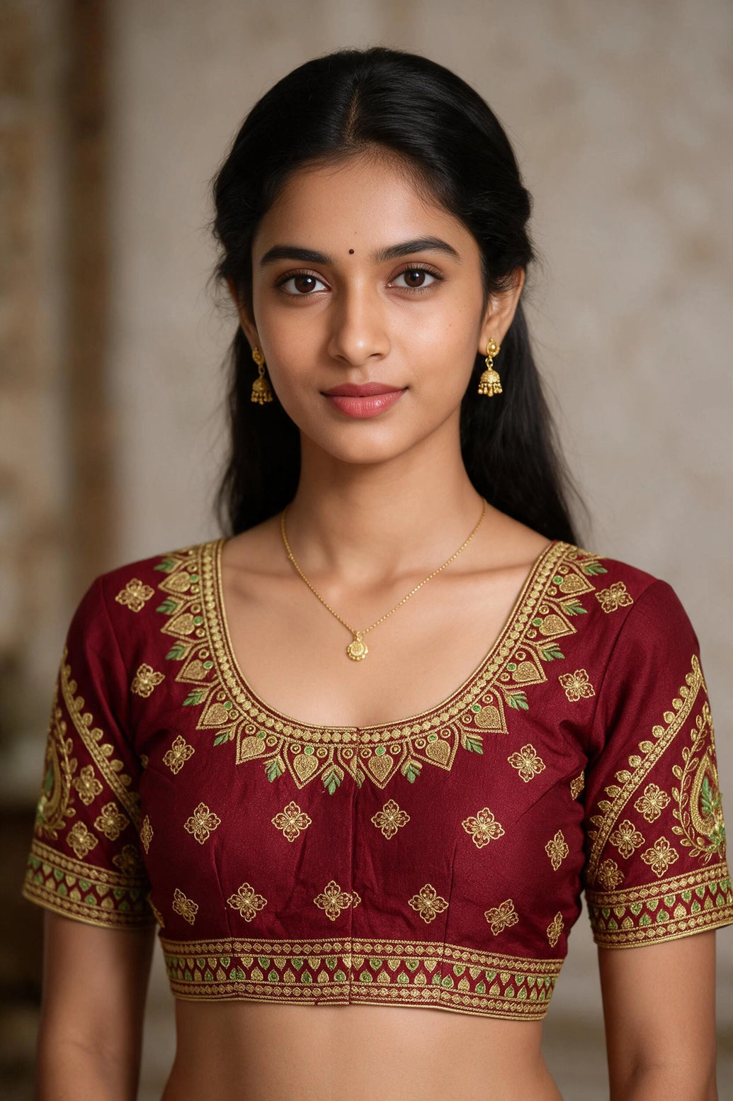 Maroon Zari Embroidered Padded Blouse with U-Shape Neck, Butta Motifs, Elbow Sleeves & Back Knot - Maroon