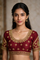 Maroon Zari Embroidered Padded Blouse with U-Shape Neck, Butta Motifs, Elbow Sleeves & Back Knot - Maroon