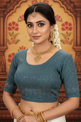 Grey Embellished Readymade Blouse with Stone Work, Elbow Sleeves, Fully Stitched for Women - Grey