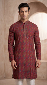 Men's Red Cotton Kurta with Multicolor Embroidery and Gold Sequin Work (Pareek) - Red