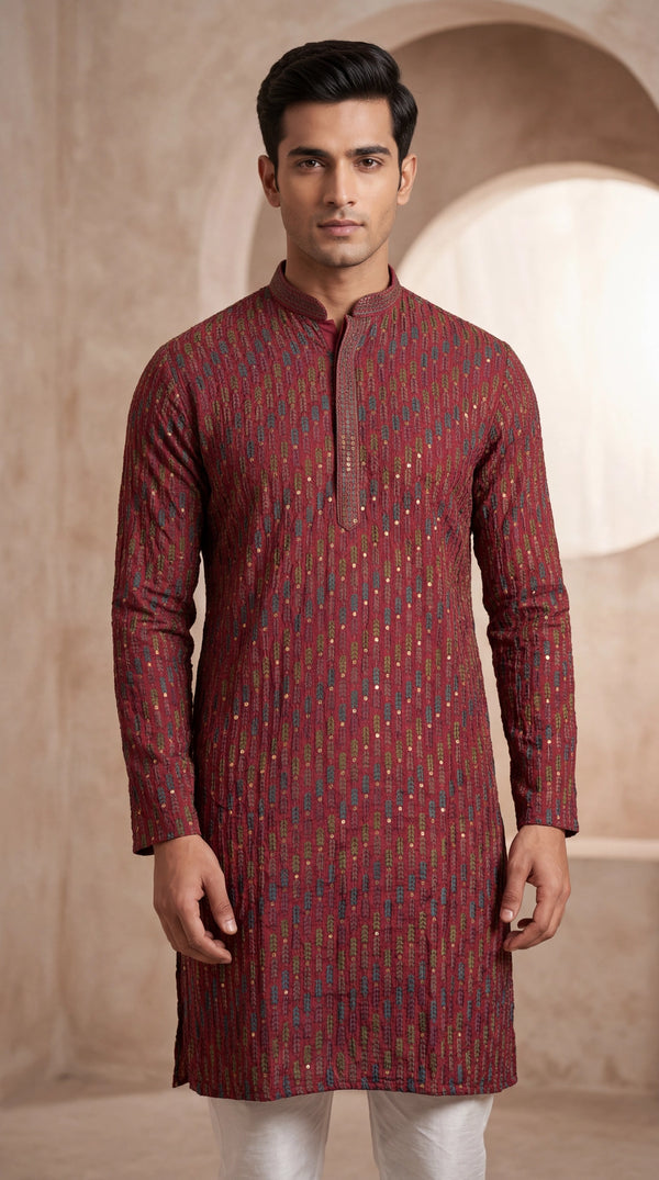 Men's Red Cotton Kurta with Multicolor Embroidery and Gold Sequin Work (Pareek) - Red