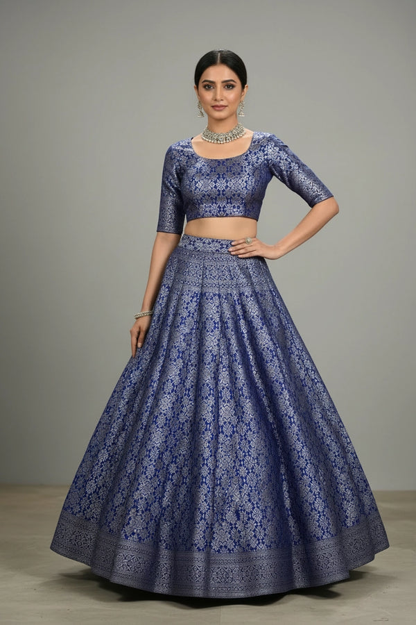 Royal Blue Brocade Silk Lehenga with Silver Zari Floral Weave and Matching Designer Blouse - Royal Blue