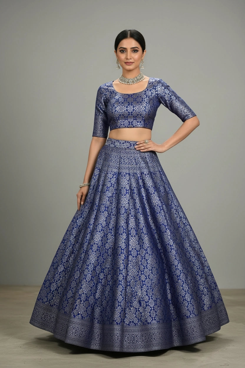 Royal Blue Brocade Silk Lehenga with Silver Zari Floral Weave and Matching Designer Blouse - Royal Blue
