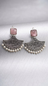 Pink Square Stone Silver-Tone Textured Triangular Chandbali Style Earrings with Pearl Drops for Festive Party Wear - Pink
