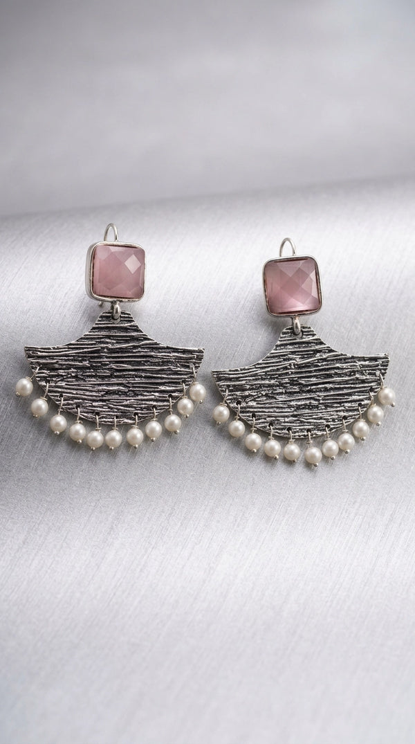 Pink Square Stone Silver-Tone Textured Triangular Chandbali Style Earrings with Pearl Drops for Festive Party Wear - Pink