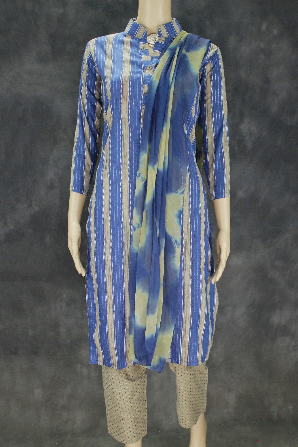 Elegant Blue Cotton Kurti Co-Ord Set with Pant and Dupatta - Blue