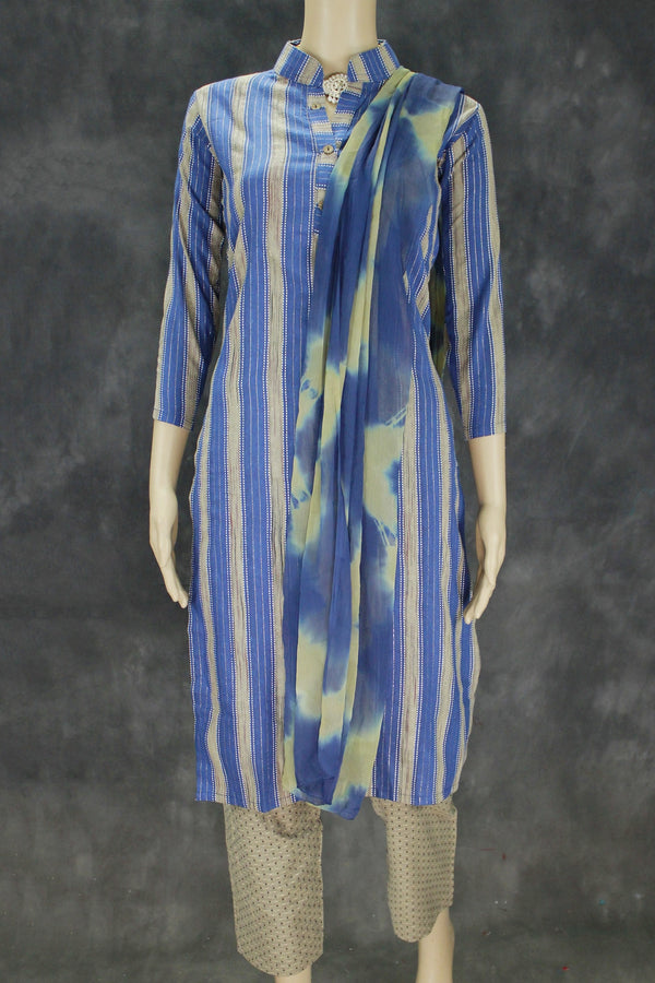 Elegant Blue Cotton Kurti Co-Ord Set with Pant and Dupatta - Blue
