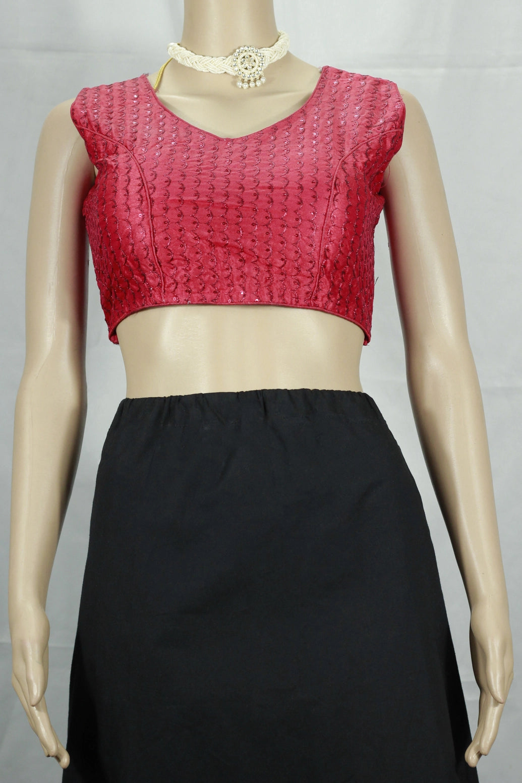 Red Readymade Designer Padded Blouse with V-neck Sequin & Embroidery, Sleeveless Back Knot, Fully Stitched - Red