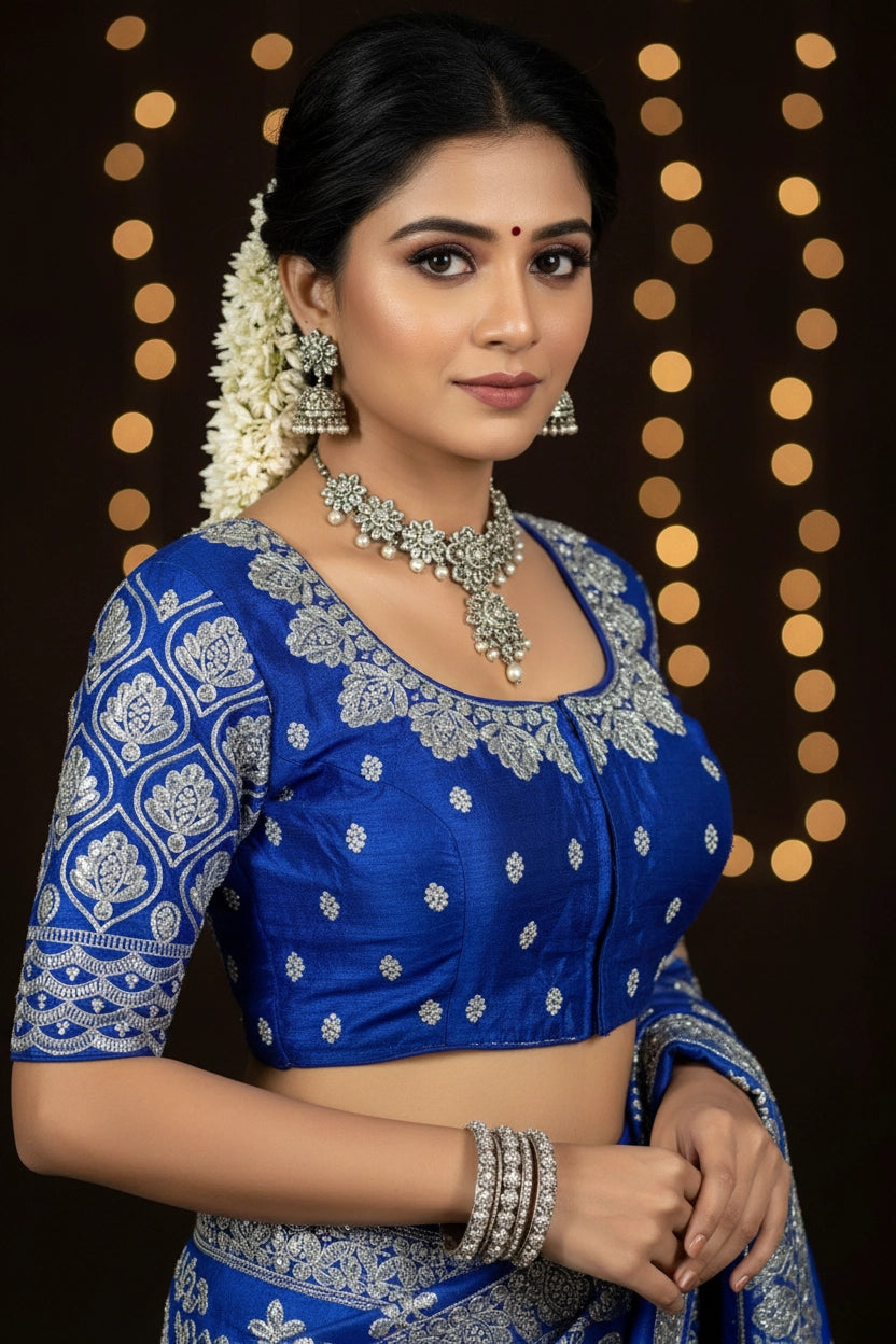 Royal Blue Zari Floral Paisley Padded Blouse, Fully Stitched, Elbow Sleeve, Back Knot, Alterable Fit - Royal blue